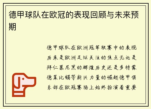 德甲球队在欧冠的表现回顾与未来预期