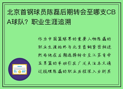 北京首钢球员陈磊后期转会至哪支CBA球队？职业生涯追溯