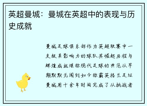 英超曼城：曼城在英超中的表现与历史成就